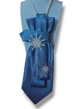 Navy Striped Satin Folded Cravat Necklace with Crystal Starburst Pins